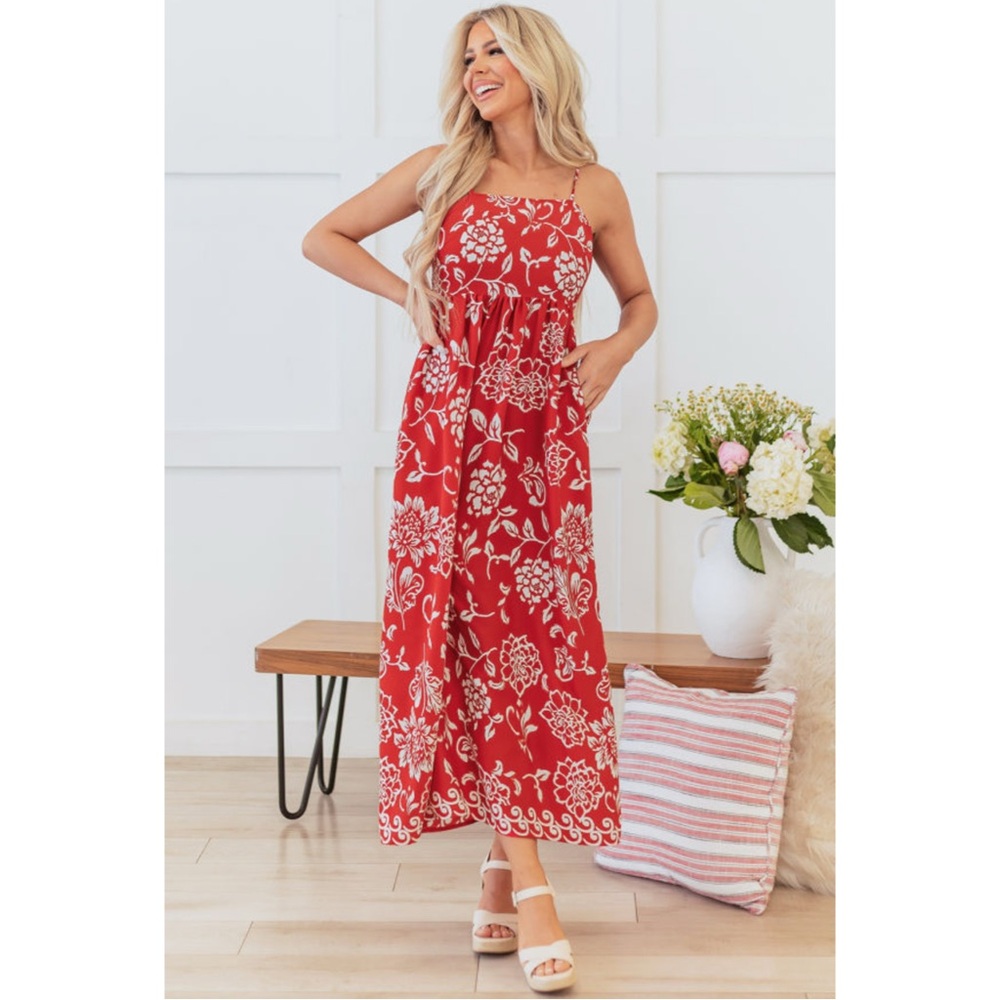 3 Pack Red & White Floral Spaghetti Strap Empire Waist Maxi Dress